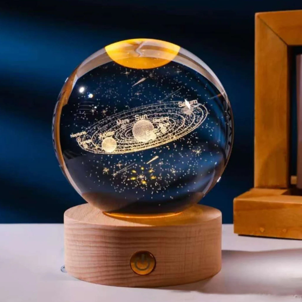 3D Galaxy Moon Crystal Ball Lamp with Wooden LED Base – Decorative Night Light (Only Moon Shape)