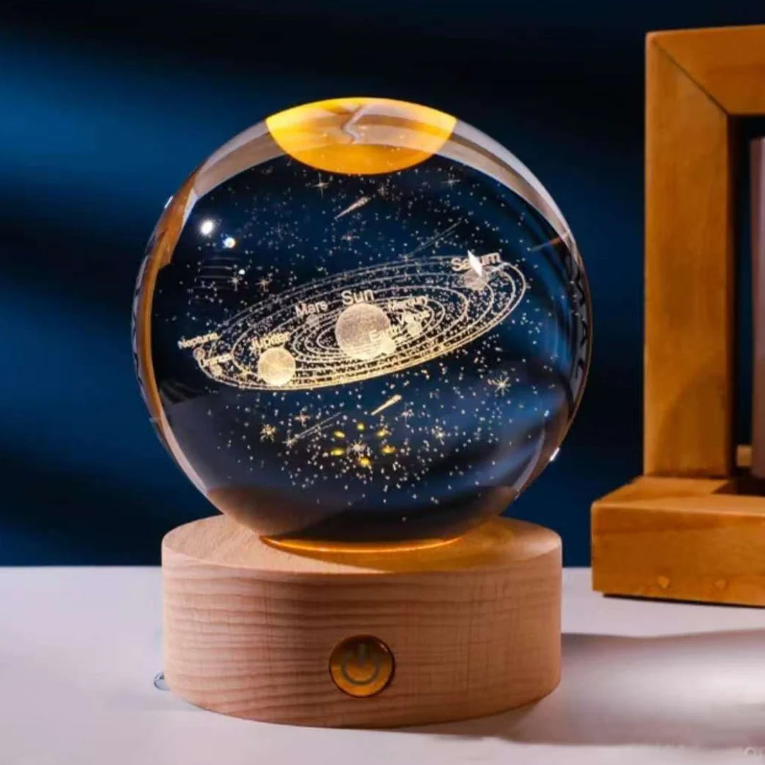 3D Galaxy Moon Crystal Ball Lamp with Wooden LED Base – Decorative Night Light (Only Moon Shape)