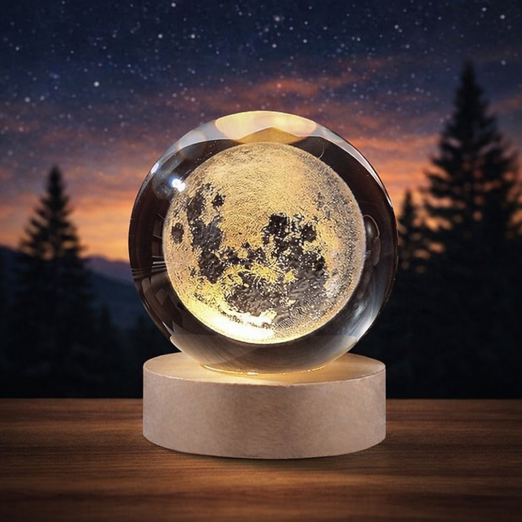 3D Galaxy Moon Crystal Ball Lamp with Wooden LED Base – Decorative Night Light (Only Moon Shape)