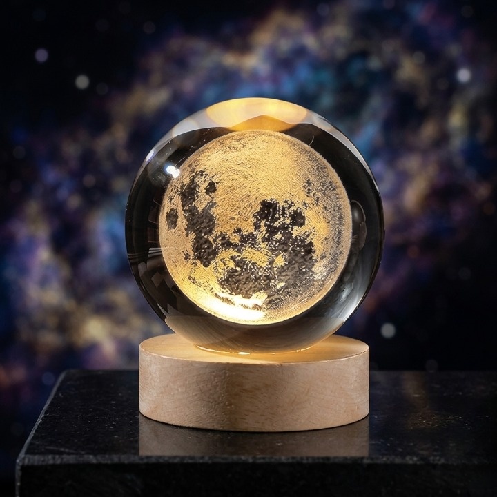 3D Galaxy Moon Crystal Ball Lamp with Wooden LED Base – Decorative Night Light (Only Moon Shape)