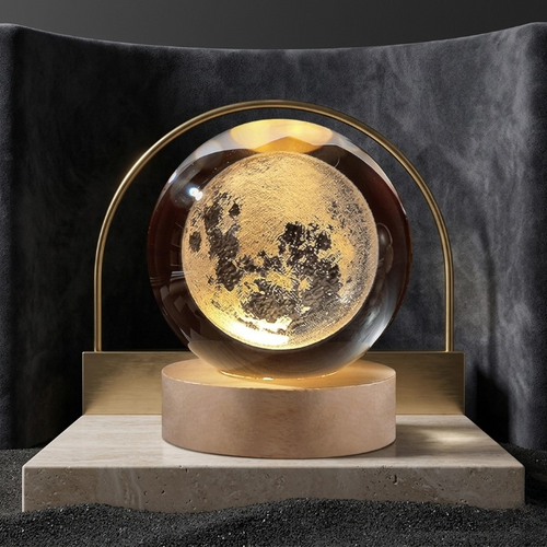 3D Galaxy Moon Crystal Ball Lamp with Wooden LED Base – Decorative Night Light (Only Moon Shape)