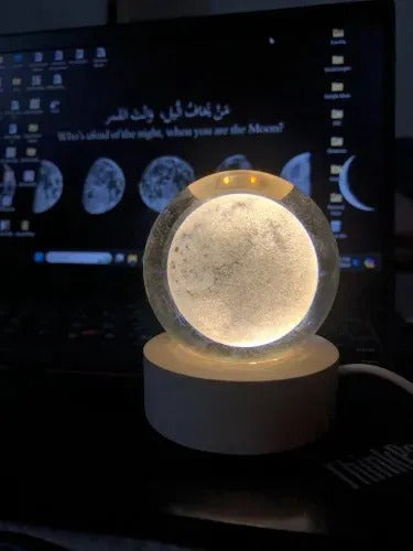 3D Galaxy Moon Crystal Ball Lamp with Wooden LED Base – Decorative Night Light (Only Moon Shape)
