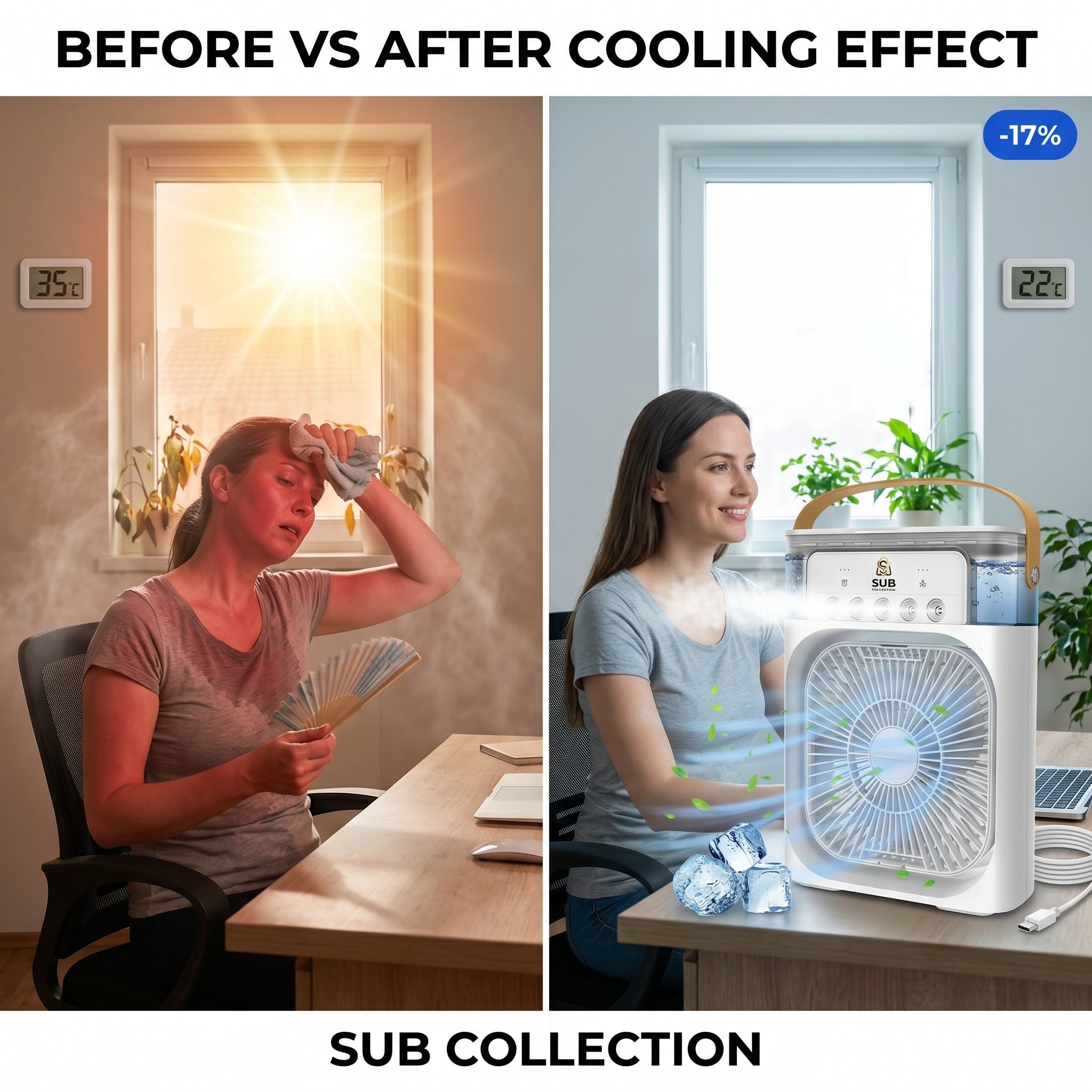 3-in-1 Portable Mini Air Cooler Fan with Humidifier & LED Light – Rechargeable Personal Cooling Fan with Battery Backup (10 Inch)