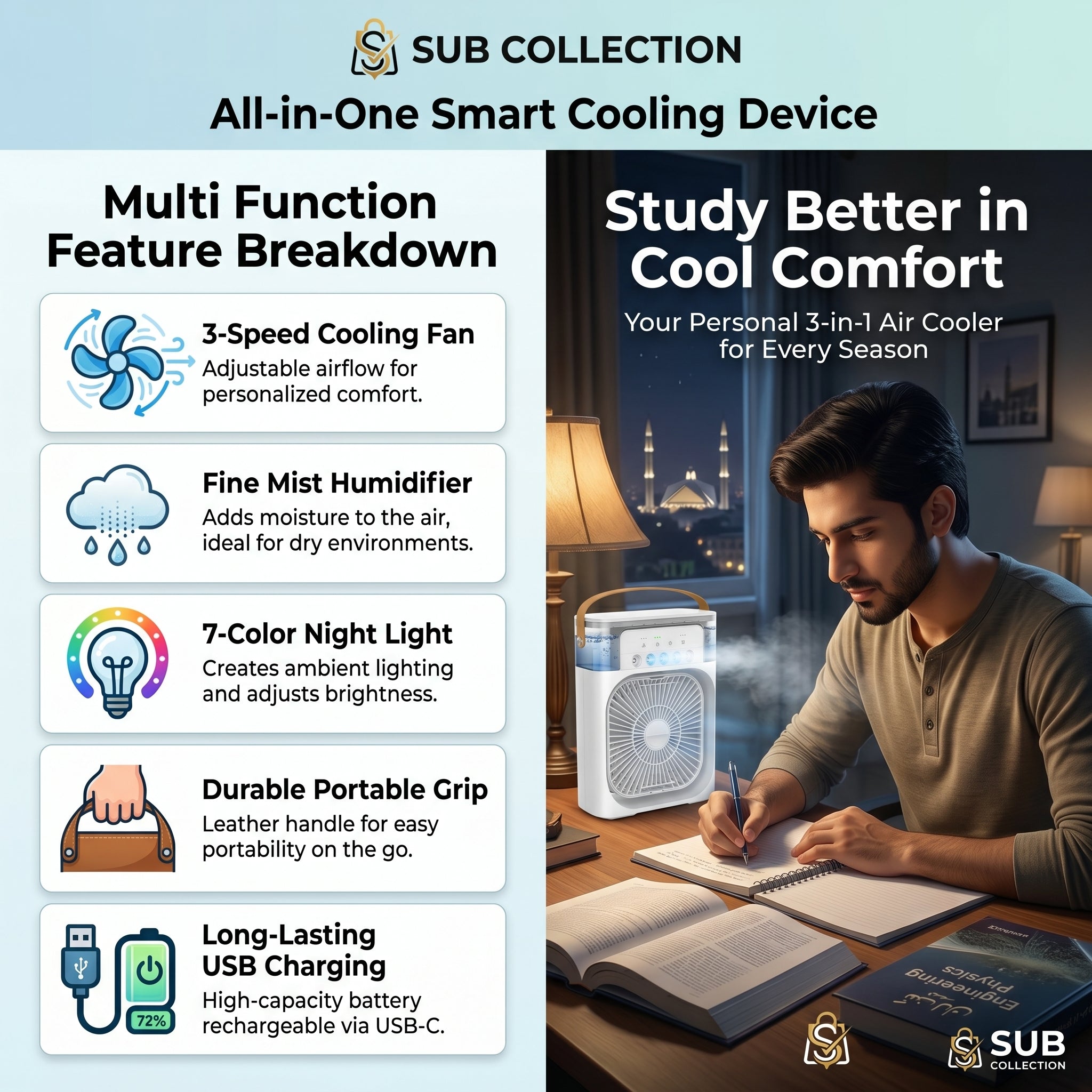 3-in-1 Portable Mini Air Cooler Fan with Humidifier & LED Light – Rechargeable Personal Cooling Fan with Battery Backup (10 Inch)