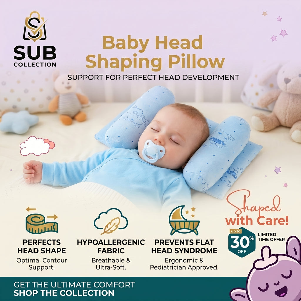 Baby head shaping pillow with baby sleeping on it, surrounded by stuffed animals and promotional text.