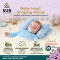Baby head shaping pillow with baby sleeping on it, surrounded by stuffed animals and promotional text.