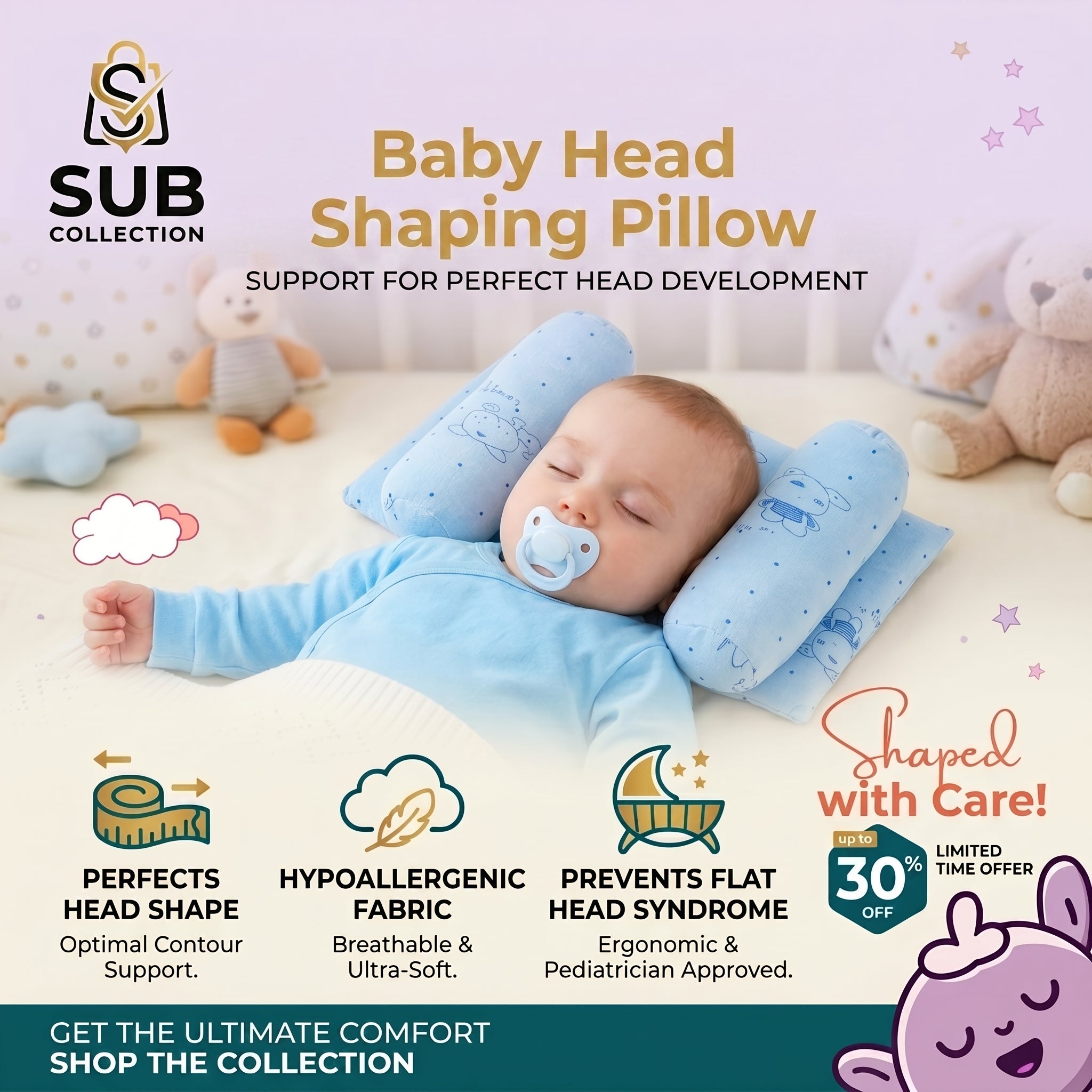 Baby head shaping pillow with baby sleeping on it, surrounded by stuffed animals and promotional text.